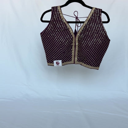 Wine Purple Saree Blouse, V Neck Zari Embroidered Blouse, Sleeveless Ready to Wear Indian Blouse, Wedding Festive Blouse, Crop top, lehenga