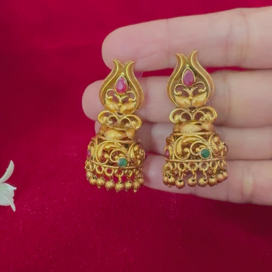 Antique Gold Temple Jhumka Earrings with Pink & Green Stones | Traditional Matte Gold Jhumki | Bridal Ethnic Earrings | South Indian Temple