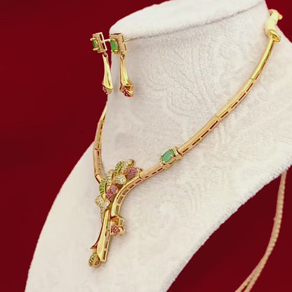 Designer CZ Floral Necklace Set, Gold Tone Statement Jewelry Set, Green Pink Stone Necklace, Party Wear Indian Jewelry, Modern Ethnic Gift