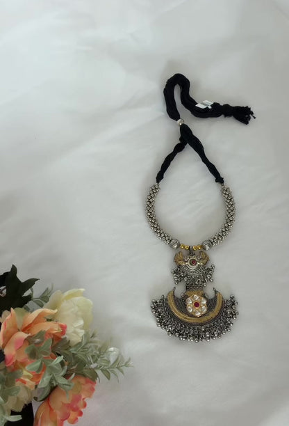 Oxidized Silver Gold Necklace Set, Statement Tribal Jewelry, Dual Tone Indian Necklace, Ghungroo Pendant Earrings, Navratri Garba Jewelry