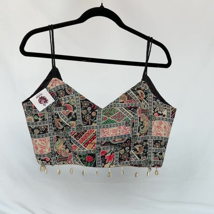 Multicolor Designer Cowrie Shell Blouse, Printed Indian Saree Blouse, Deep Neck Sleeveless Choli, Festive Navratri Garba Blouse,Crop top