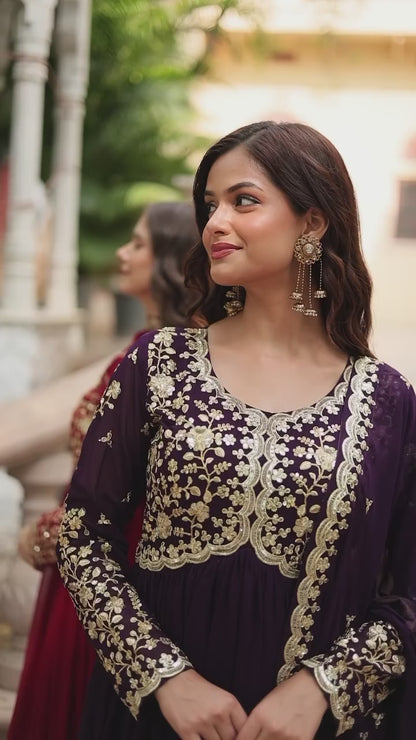 Designer Maroon Long Gown with Dupatta | Zari & Sequins Embroidered Party Wear Dress