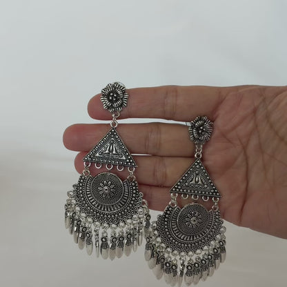Oxidized Silver Afghani Earrings, Long Tribal Chandbali Earrings, Boho Statement Earrings, Indian Ethnic Jewelry, Silver Dangle Earrings