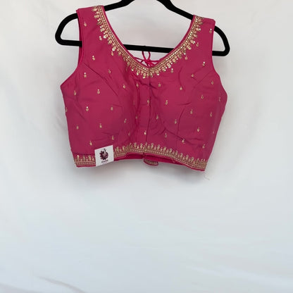 Deep Rose Pink Jacquard Saree Blouse, Gold Embroidered Designer Blouse, Deep Back Neck Blouse with Latkan, Ready to Wear Indian Blouse,