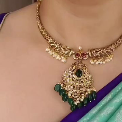 Victorian Mehendi Polish Necklace Set with Green Beads, Kundan Stones & Pearl Drops, Indian Bridal Wedding Jewelry, Ships from USA