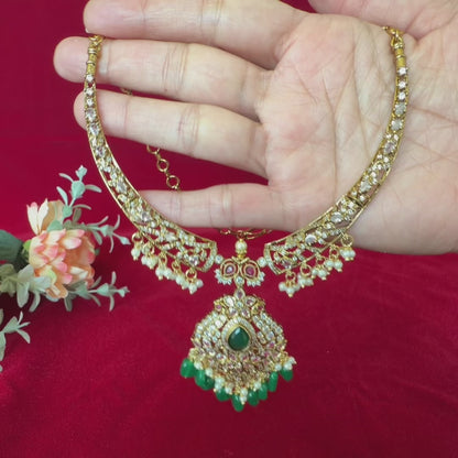 Victorian Mehendi Polish Necklace Set with Green Beads, Kundan Stones & Pearl Drops, Indian Bridal Wedding Jewelry, Ships from USA