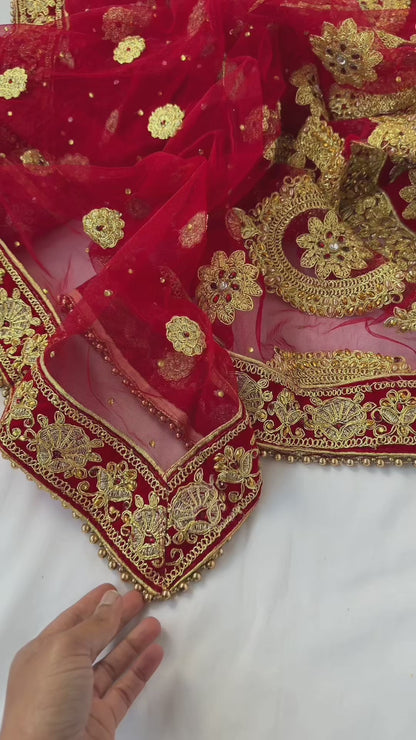 Bridal Red Net Dupatta with Heavy Zardozi Embroidery, Wedding Chunni, Dulhan Dupatta, Gold Lace Veil, Indian Bridal Dupatta