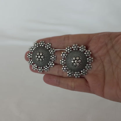 Oxidized Silver Round Stud Earrings, Floral Statement Earrings, German Silver Tribal Jewelry, Boho Ethnic Earrings, Indian Jewelry for Women