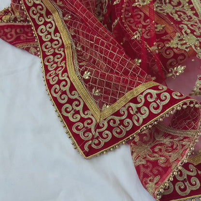 Red Bridal Net Dupatta with Heavy Zari Border | Indian Dulhan Chunni | Wedding Lehenga Dupatta | Embroidered Bridal Veil | Bride Odhani