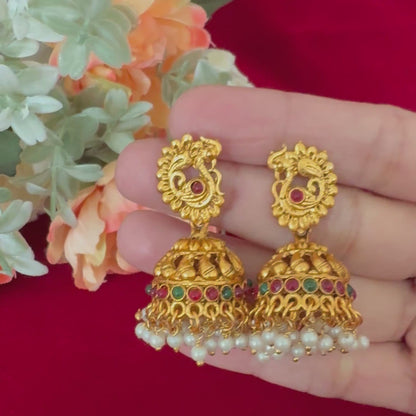 Traditional Antique Gold Jhumka Earrings with Kemp Stones & Pearl Drops | Temple Style South Indian Jhumki | Bridal Festive Ethnic Earrings
