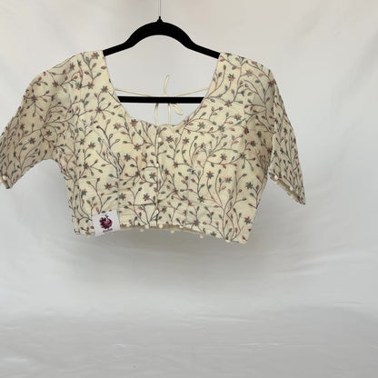 Ivory Khadi Cotton Blouse, Multicolor Floral Embroidered Saree Blouse, Front Open Ready Made Blouse, Indian Designer Blouse, Crop top,