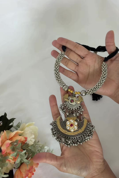 Oxidized Silver Gold Necklace Set, Statement Tribal Jewelry, Dual Tone Indian Necklace, Ghungroo Pendant Earrings, Navratri Garba Jewelry