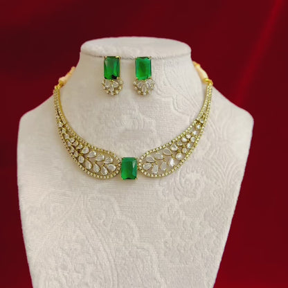 Emerald Green CZ Necklace Set, Indian Bridal Choker Jewelry, Gold Tone Statement Necklace with Earrings, Wedding Party Wear Set for Women