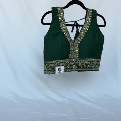 Green Saree Blouse, Gold Zari Embroidered Blouse, Ready to Wear Indian Blouse, Sleeveless Designer Blouse, Wedding Festive Blouse