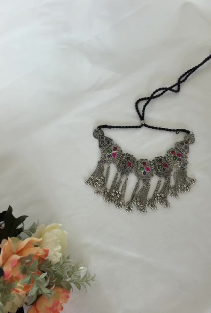 Oxidized Silver Multicolor Necklace Set, Ghungroo Statement Jewelry, Indian Boho Necklace Earrings, Navratri Garba Jewelry, Tribal Jewelry S