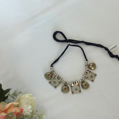 Oxidized Silver & Gold Necklace Set, Dual Tone Indian Jewelry, Jhumka Pendant Necklace, Red Green Stone Jewelry, Navratri Garba Jewelry Set