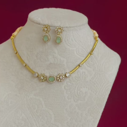 Mint Green Stone Necklace Set, Elegant Gold Floral Necklace, Indian Wedding Jewelry Set, CZ Diamond Necklace, Bridesmaid Jewelry, Party Wear
