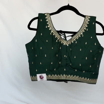 Green Jacquard Saree Blouse, Gold Embroidered Designer Blouse, Deep Back Neck Blouse with Latkan, Ready to Wear Indian Blouse, Crop top