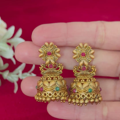 Antique Gold Temple Jhumka Earrings with Ruby & Green Stones | Traditional South Indian Jhumki | Bridal Festive Earrings | Statement Ethnic