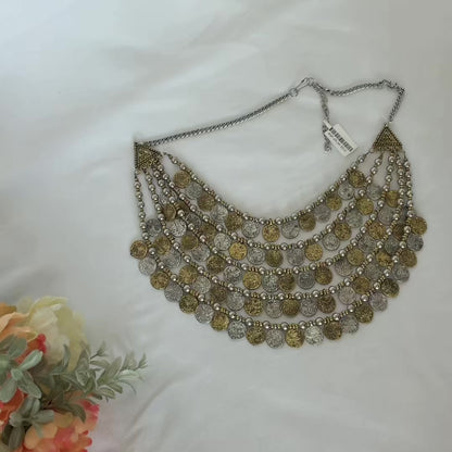 Oxidized Silver Gold Coin Necklace Set, 5 Layer Indian Statement Necklace with Earrings, Navratri Garba Jewelry, Tribal Boho Ethnic Jewelry