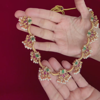 Temple Style Gold Necklace Set with Green & Ruby Stones, Pearl Drop Indian Jewelry, Traditional Bridal Necklace, Festive Wedding Jewelry Set