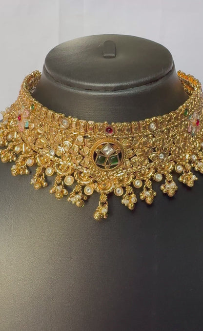 Antique Gold Kundan Choker Necklace Set with Earrings, Traditional Indian Bridal Jewelry, Floral Pearl Choker, Wedding Festive Jewelry