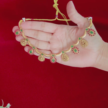 Antique Gold Lakshmi Necklace Set with Red & Green Stones, Temple Jewelry Set, South Indian Bridal Necklace, Traditional Indian Wedding Jewe