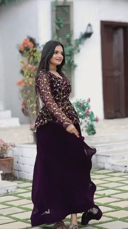 Elegant Wine Lehenga Choli Set | Heavy Embroidered Sequin Blouse with Full flair Crush Pleated Skirt | Wedding & Party Outfit