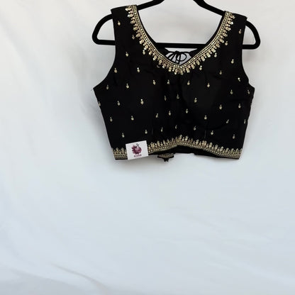 Black Jacquard Saree Blouse, Gold Embroidered Designer Blouse, Deep Back Neck Blouse with Latkan, Ready to Wear Indian Blouse, Crop top