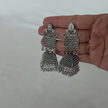 Oxidized Silver Jhumka Earrings, Large Indian Statement Earrings, Floral Tribal Jhumki, Traditional Ethnic Jewelry, Boho Festive, Garba earr